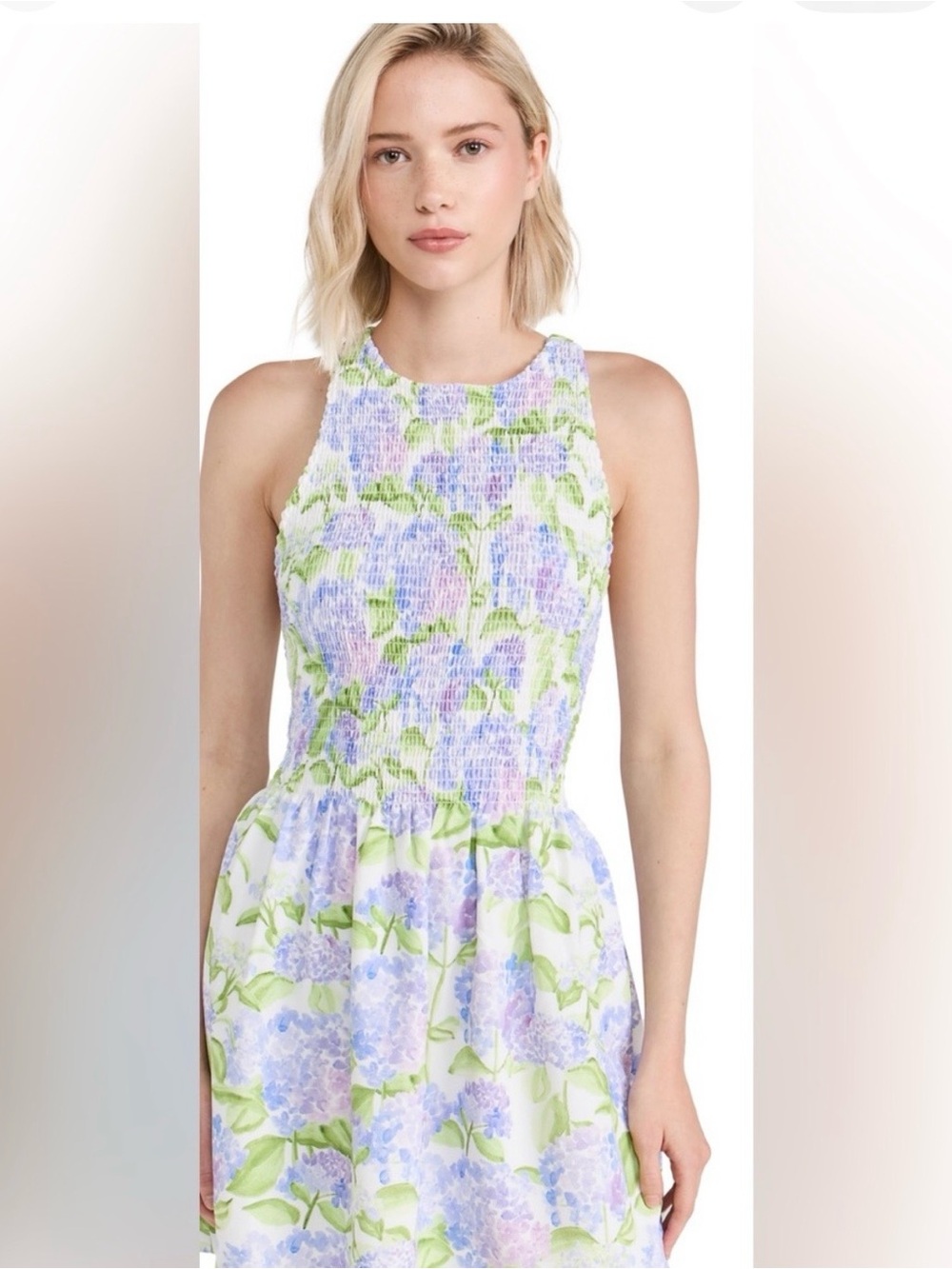 Hill House Sleeveless Smocked Mini Dress in Lavender and Green